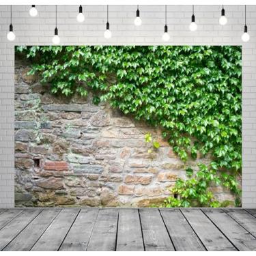 Imagem de BELECO Pano de fundo de parede de pedra de tijolo de 2,4 x 1,8 m, natureza, folhas verdes, hera, vintage, grunge, pedra de tijolo, papel de parede para recém-nascido, chá de bebê, aniversário