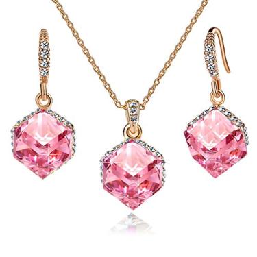 Imagem de EVEVIC Colar com pingente de cristal Swarovski cúbico colorido brincos para mulheres banhado a ouro 14 K Conjunto de joias hipoalergênicas