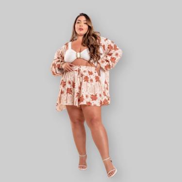 Imagem de Conjunto Plus Size Feminino Cropped + Short + Kimono 0630