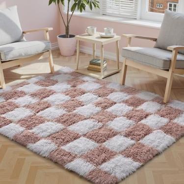 Imagem de PureCozy Tapete quadriculado 7 x 12 cm para sala de estar, tapete felpudo moderno rosa e branco super macio, lavável, tapete felpudo antiderrapante para quarto, casa, decoração estética