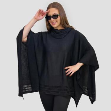 Imagem de Poncho Feminino Tricot Mousse Liso Gola Alta Casaco Inverno - GIP, Pre