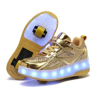 Imagem de BFOEL Tênis infantil de patins iluminados com rodas duplas LED com carregamento USB para meninas, meninos, aniversário, dia de Natal, melhor presente, Dourado, 11 Little Kid