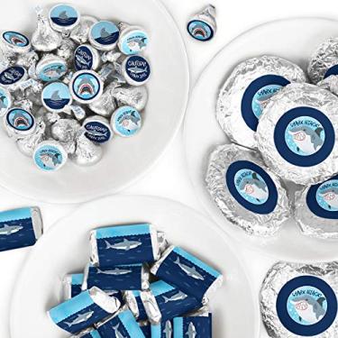 Imagem de Big Dot of Happiness Shark Zone - Mini Candy Bar Wrappers, Round Candy Stickers and Circle Stickers - Jawsome Shark Party or Birthday Party Candy Favor Sticker Kit - 304 Pieces