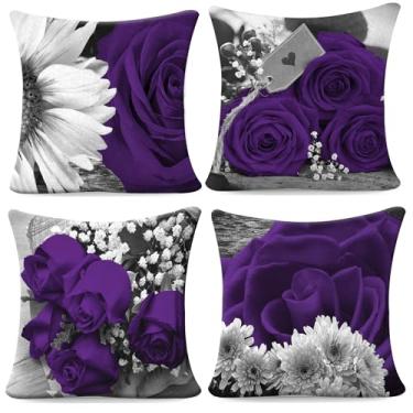 Imagem de Capas de almofada roxas, pacote com 4, 45,7 x 45,7 cm, rosa roxa, preta, cinza, flores escuras, decorativas, para sofá-cama, exterior, flores, linho, fazenda, primavera, verão