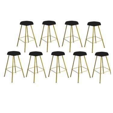Imagem de Kit 09 Banqueta Alta Lari Eiffel Hexágono Bancada Ferro Dourado Corino Preto - Amey Decor