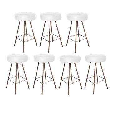 Imagem de Kit 07 Banqueta Alta Laisa Industrial Redonda Ferro Bronze Corino Branco - Amey Decor