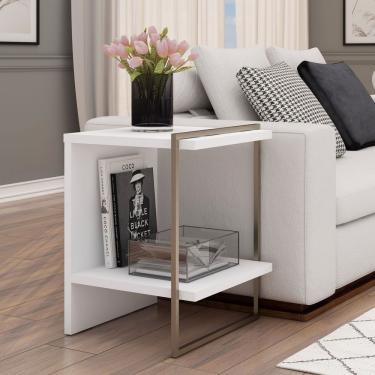 Imagem de Mesa De Cabeceira 100% Mdf Com Metalon Infinity Branco Fosco/Metalon Champagne
