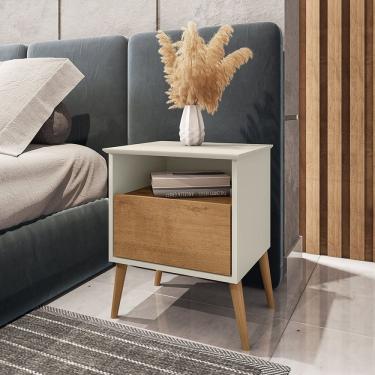 Imagem de Mesa De Cabeceira 1 Gaveta Pés De Madeira Maciça Cancun Móveis Bechara Off White/Naturalle