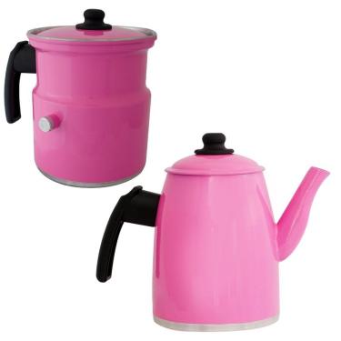 Imagem de Kit Leiteira E Bule Gulê Em Alumínio 2 Peças Rosa