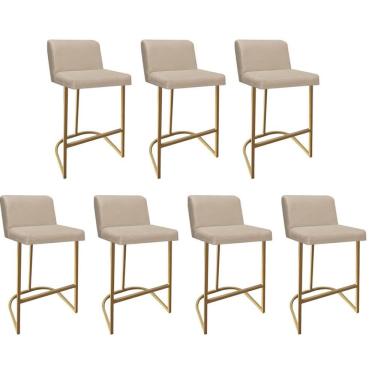 Imagem de Kit 07 Banquetas Com Encosto Confort Bistrô Cozinha Ferro Dourado Corino Bege - Amey Decor