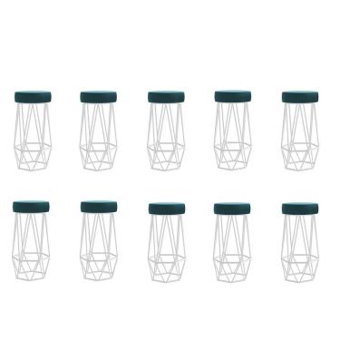 Imagem de Kit 10 Banqueta Com Encosto Mhara Hexágono Cozinha Bar Ferro Branco Suede Azul Turquesa - Amey Decor