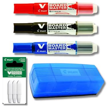 Imagem de Kit 3 Marcadores Quadro Branco Recarregável + Apagador + Refil De Ponta Pilot Azul, Preto E Vermelho