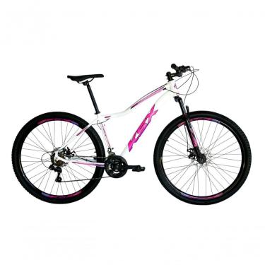 Imagem de Bicicleta Aro 29 Ksx Sd7 Feminina 21v Cabos Internos Alumínio Freios A Disco Garfo Suspensão Branco Rosa Violeta Tamanho 15