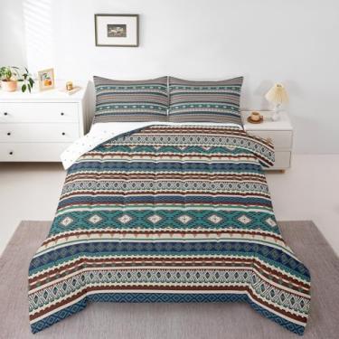 Imagem de Feelyou Conjunto de edredom geométrico sudoeste para crianças, meninos, meninas, listrado, boêmio, tamanho casal, sudoeste, nativo americano, edredom tribal, respirável, macio, leve, 3 peças