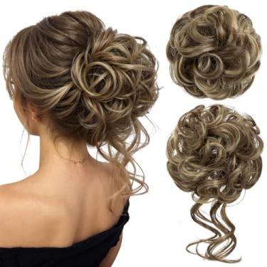 Imagem de CJL HAIR 2 Peças De Cabelo Coque Bagunçado Ondulado Cacheado Sintético Updo Chignon Scrunchies Falsos Rabo Cavalo Extensão Para Mulheres Morena/Loira Acinzentada