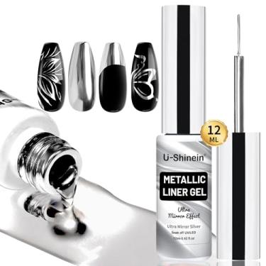 Imagem de U-Shinein Delineador Em Gel Metálico 12Ml Para Pintura Unhas, Arte Espelho 3D, Efeito Cromado, Esmalte Metálico, Desenho Pintado, Pincel Fino Embutido, Absorção Uv/Led, Ultra Prateado Manicure