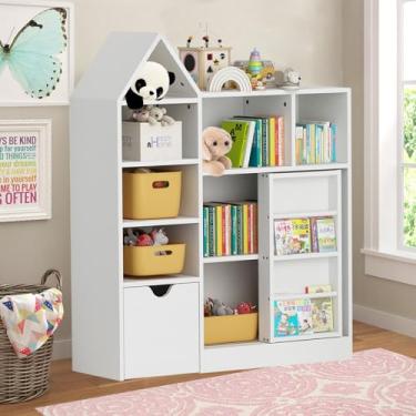 Imagem de Vossfamul Estante infantil de 111 cm de altura com armazenamento, organizador de brinquedos, estante infantil com compartimento de armazenamento, prateleira de brinquedos infantis, baú de