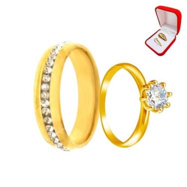 Imagem de Aliança Banhada Ouro 18k 6mm Pedras Zirconia Brancas + Solitario Doura