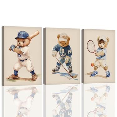 Imagem de Decoração de parede esportiva vintage para berçário, urso de pelúcia, esportes, meninos, decoração de parede, decoração de bebê, decoração de berçário, urso esportivo fofo para quarto, sala de jogos