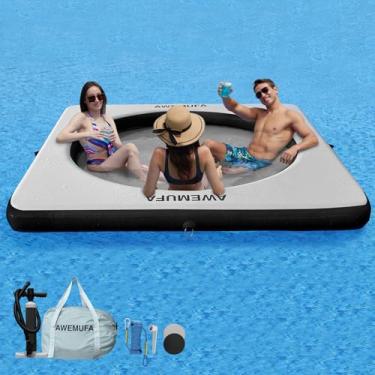Imagem de AWEMUFA Plataforma de rede flutuante inflável de 2,4 m x 2,4 m, boia flutuante para lago, piscina de lago, doca flutuante com malha, tapete de rede flutuante para piscina, flutuadores de lago para