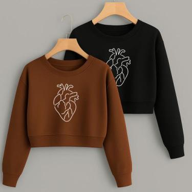 Imagem de Kit com 2 Cropped Moletom Estampa Coração Line Delicado Lindo Frio Inv
