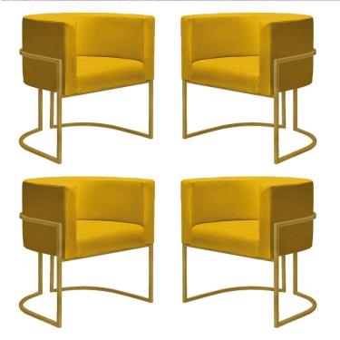 Imagem de Kit 4 Poltronas Reforçadas Decorativa Sala Nayara Base Ferro Dourado Suede Amarela