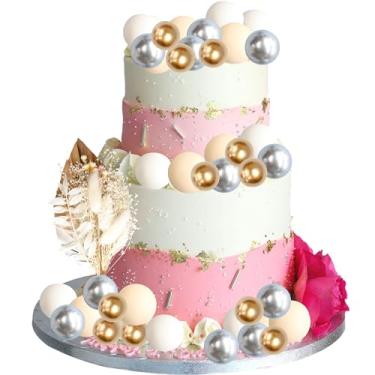 Imagem de Gyufise Pacote com 21 enfeites de bolo de flores boho bolas decorações de bolo folhas de palmeira plantas decoração de bolo para meninas boêmias tema princesa casamento chá de bebê suprimentos de