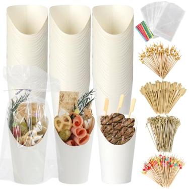 Imagem de Teemumu Copos de charcutaria branca de 340 g (pacote com 100), 400 espetos + 100 sacos, copos de papel de charcutaria com palitos, copo descartável de aperitivo para queijo, nozes e molhos, festas