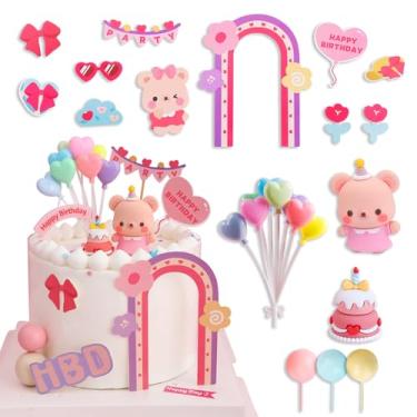 Imagem de Conjunto de decorações de bolo de aniversário de urso rosa, topo de bolo de urso de pelúcia fofo com bolo rosa, grupo de balões coloridos, topos de papel de feliz aniversário, bolas de espuma azul
