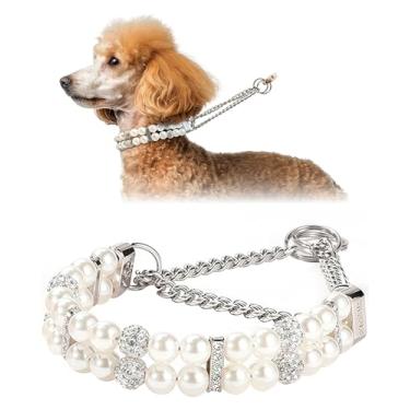 Imagem de KUDES Coleira de luxo para cães martingale com pérolas e cristais – coleira de corrente de estrangulamento de treinamento sem puxar – Acessórios para colar brilhante glamoroso para cães de raças