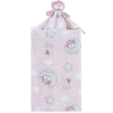 Imagem de Manta Com Naninha Flannel Estampada Para Bebê 75x100 Rosa Urso