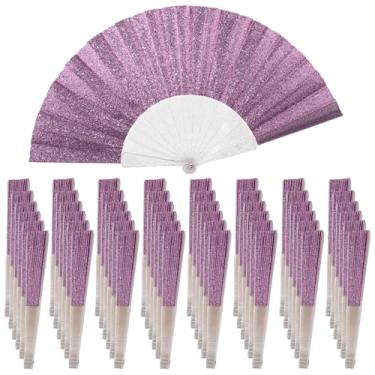 Imagem de Pacote com 48 ventiladores de mão, ventilador dobrável de glitter com nervuras transparentes brilhantes – Ideal para casamento, igreja, festival, dança, festa de chá, clube e acessórios EDM, roxo