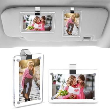 Imagem de PIFOOG 2 peças de porta-retratos com clipe de viseira de carro, clipes magnéticos personalizados, molduras verticais, horizontais, fotos memoriais, tamanho 3,1 × 12 cm, transparente