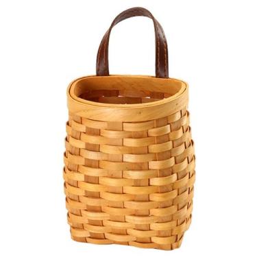 Imagem de Cesta suspensa de vime rústica de madeira 12 x 15 cm com alça de poliuretano, cesta de armazenamento de tecido para frutas, legumes, plantas, artigos de higiene na cozinha, banheiro e sala de estar