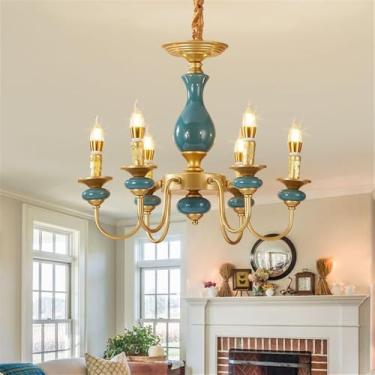Imagem de OUFULA Vela Europeia Candelabro LED Americana Retro Cerâmica Sala de Estar Restaurante Quarto Estudo Villa Hotel Café Lâmpada Pendente (D 6 Luzes)