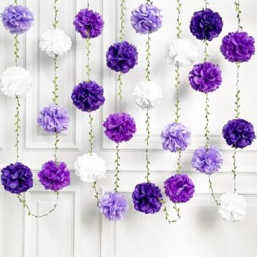 Imagem de Ombre roxo branco decorações de festa lavanda branco papel de seda flores pompom com fita de folha pendurado guirlanda para aniversário, chá de bebê, despedida de solteira, casamento, lilás violeta
