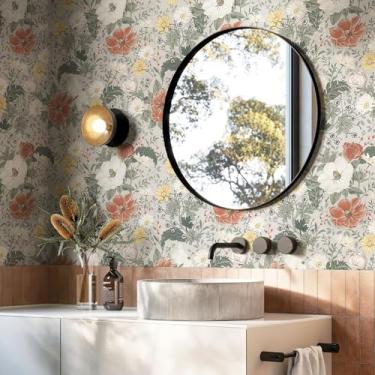 Imagem de Simon&Siff Descole e cole papel de parede floral cinza vintage boho papel de parede removível folha de flor autoadesivo papel de parede de vinil para sala de estar armário de banheiro 1,016 cm x 43,9