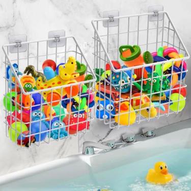 Imagem de Pacote com 2 cestos organizadores de brinquedos de banho, suporte grande de metal para banheira, cesta de chuveiro suspensa na parede, organizador de brinquedos de banho para banheira para fácil