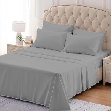 Imagem de Mattress-Homes Jogo de cama queen size de 6 peças com 4 fronhas, lençóis 100% algodão ultramacios, tecido acetinado refrescante, conjunto de lençóis de cama luxuosos, cinza claro sólido