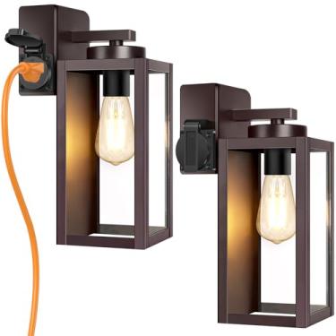 Imagem de BesLowe Pacote com 2 luzes de varanda com tomada certificada UL, luzes de parede externas modernas à prova d'água, arandelas de parede externa para garagem, porta da frente, marrom