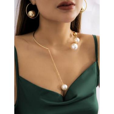 Imagem de N-L02-L4001-Conjunto Feminino Colar e Brinco Pérola Dourado Gravatinha