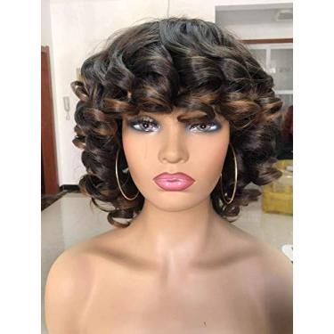 Imagem de Annivia Perucas Curtas Afro Curly com Franja para Mulheres Peruca de Cabelo Encaracolado Crespo 2 Tons Ombre Marrom Escuro Grande Bouncy Fluffy Curly Peruca