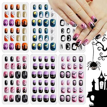 Imagem de Kalolary 144 peças de unhas postiças infantis de Halloween, unhas postiças de pressão para crianças, capa completa, kit de unhas falsas curtas, unhas falsas de Halloween com estampa de morcego de