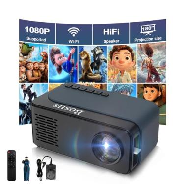 Imagem de Mini projetor, projetor de vídeo HD 1080p WiFi, projetor externo portátil com tripé, presente para crianças, projetor de filmes em casa compatível com USB, AV, smartphone/tablet/laptop (ciano)