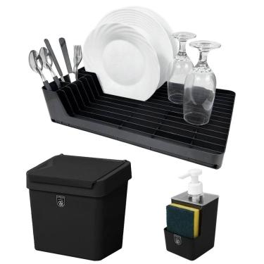 Imagem de Kit 3 Pç Dispenser Sabonete Líquido + Escorredor de Louça + Lixeira 2,5 Litros Com Tampa Cozinha Preto - Pop Crippa