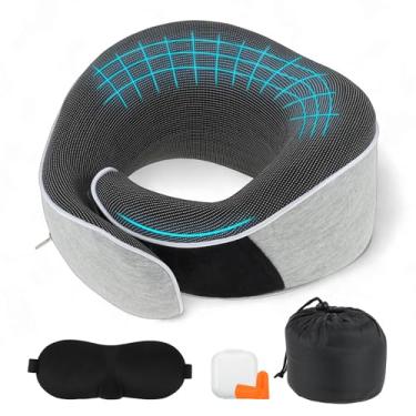 Imagem de VOCOSTE Almofada de pescoço para viagens de avião, suporte ergonômico de espuma viscoelástica para voos longos, com máscara para os olhos e tampões de ouvido, soneca para casa e escritório, presentes