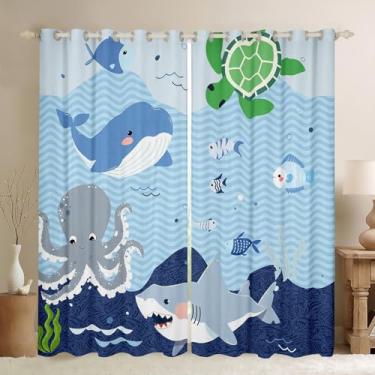 Imagem de Cortinas de janela de tubarão e baleia, cortina de animais marinhos de desenho animado, cortinas de janela de tartaruga de polvo para crianças, adolescentes, meninos, jovem, decoração de quarto