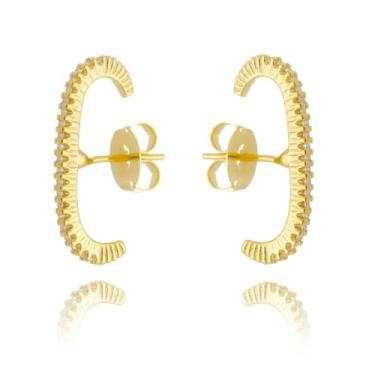 Imagem de Drusi Semi Joias, Brinco Ear Hook Fino Zircônias Cristal Folheado A Ouro 18k
