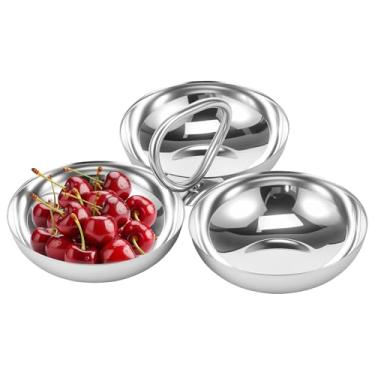 Imagem de Prato de lanche 3 em 1 de aço inoxidável, pratos de sobremesa de metal com alça, antiferrugem, portátil, tigela de frutas, prato de lanche, seguro para lava-louças, reutilizável, prato de servir