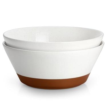 Imagem de MALACASA Tigelas de servir, tigelas de salada grandes de 2976 g para festa, entretenimento, tigelas grandes de cerâmica para sopa, frutas e fo, conjunto de tigelas largas de 2 peças, branco e marrom